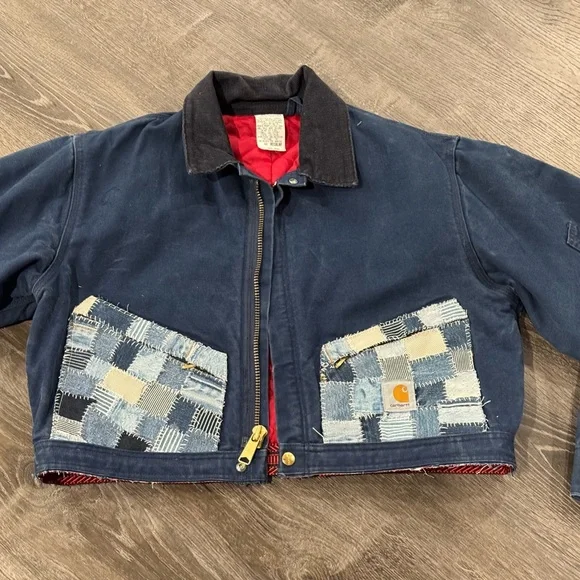 Vintage Y2K Carhartt Blue cropped Detroit style workwear  with Sashiko Denim - Picture 2 of 6